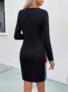 SHEIN LUNE Color Block Bodycon Dress - Black - View 2