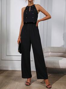 SHEIN Clasi Ngọc trai đính cườm Đường viền lỗ khóa Áo liền quần Dây thắt cổ - màu đen - Xem 5