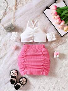 女嬰十字交叉挖肩短款上衣&褶邊半身裙 - 彩色 - 查看 1