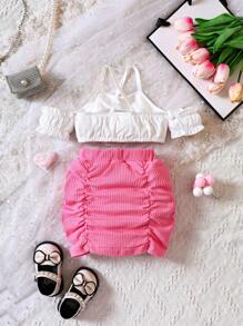 女嬰十字交叉挖肩短款上衣&褶邊半身裙 - 彩色 - 查看 2