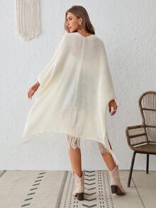 SHEIN VCAY 流苏下摆蝙蝠袖开衫 - 米色 - 查看 2