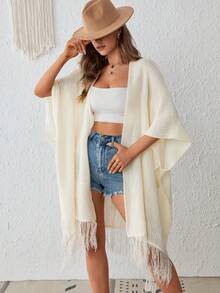 SHEIN VCAY 流苏下摆蝙蝠袖开衫 - 米色 - 查看 3