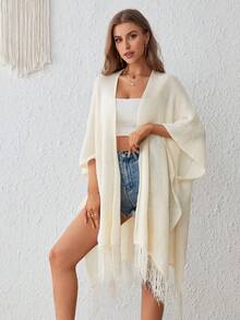 SHEIN VCAY 流苏下摆蝙蝠袖开衫 - 米色 - 查看 5