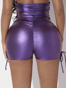 SHEIN SXY Ruched Knot Side PU Leather Shorts - Violet Purple - View 4