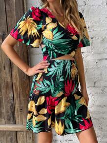 SHEIN 孕婦熱帶圖案泡泡袖上衣&荷葉邊半身裙 - 彩色 - 查看 3