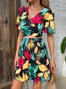 SHEIN 孕婦熱帶圖案泡泡袖上衣&荷葉邊半身裙 - 彩色 - 查看 4