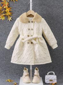 SHEIN 女小童雙排釦羊絨領口絎縫外套