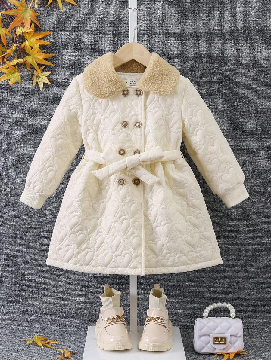 SHEIN 女小童雙排釦羊絨領口絎縫外套