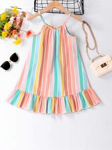 Baby Girl Striped Print Ruffle Hem Cami Dress - Multicolor - View 1