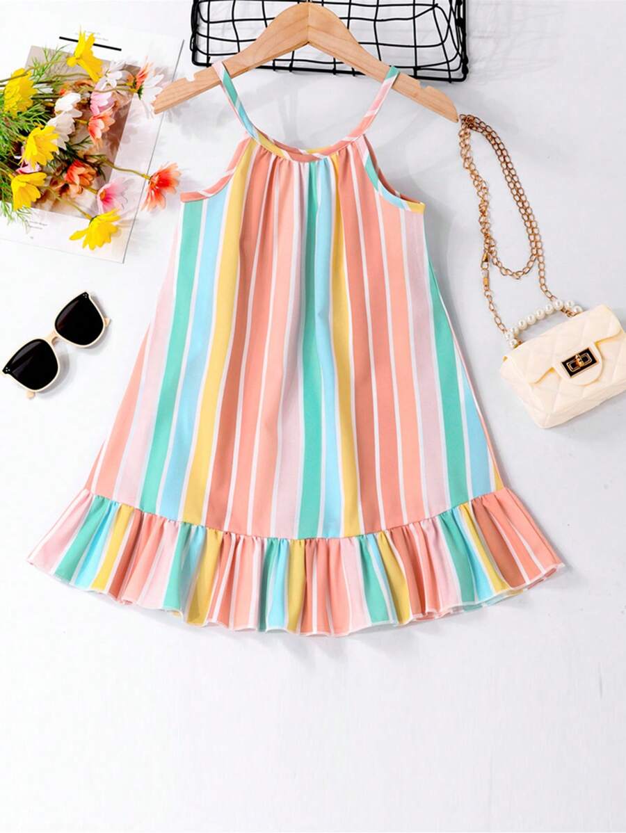 Baby Girl Striped Print Ruffle Hem Cami Dress - Multicolor - View 1