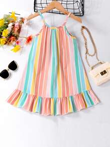 Baby Girl Striped Print Ruffle Hem Cami Dress - Multicolor - View 2