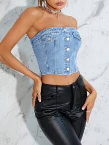 SHEIN BAE Button Front Tube Denim Top - Medium Wash - View 1