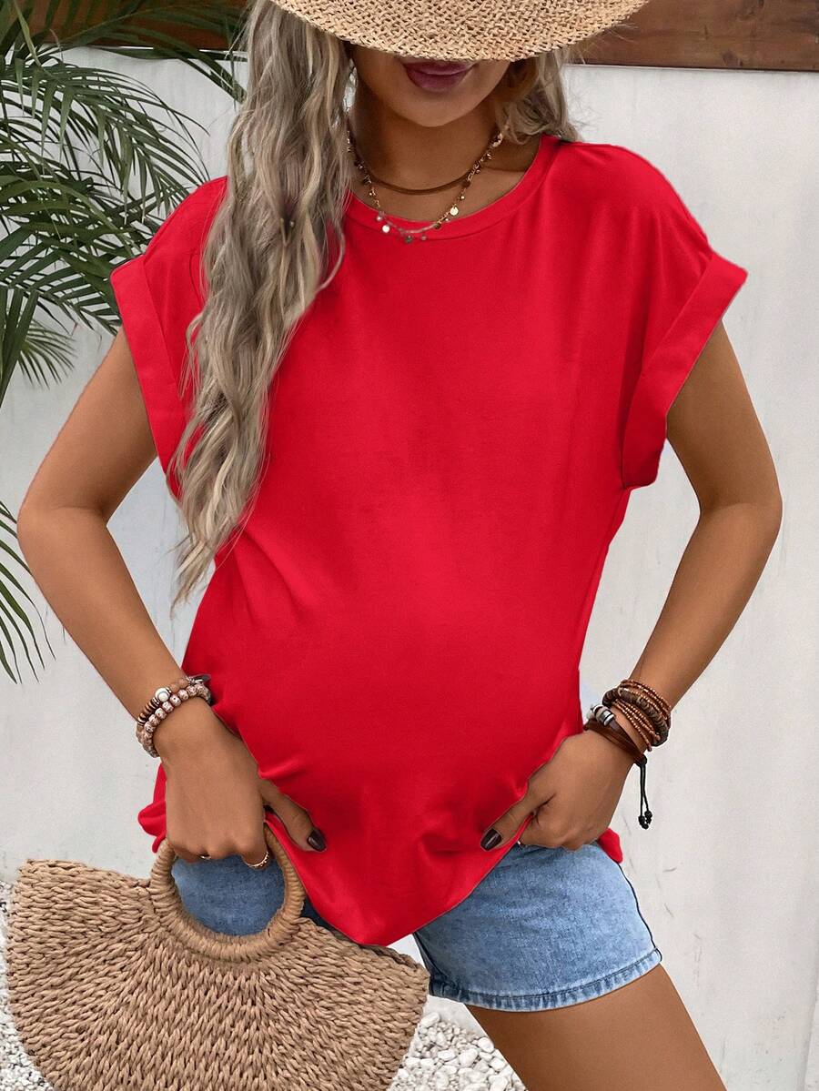 SHEIN 孕婦素色蝙蝠袖T恤 - 紅色 - 查看 1