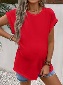 SHEIN 孕婦素色蝙蝠袖T恤 - 紅色 - 查看 3