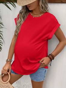 SHEIN 孕婦素色蝙蝠袖T恤 - 紅色 - 查看 4