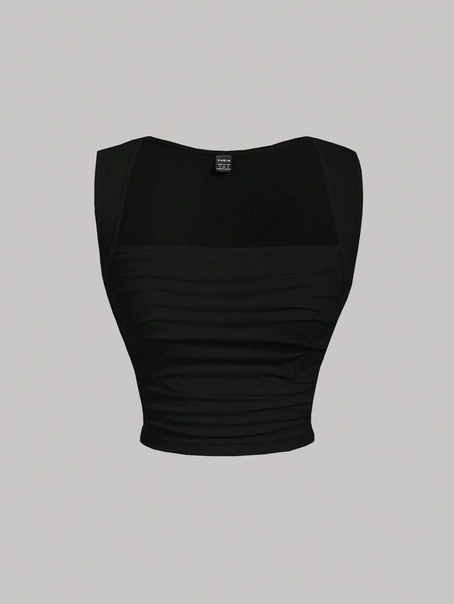 SHEIN MOD 素色褶邊背心上衣 - 黑色 - 查看 1