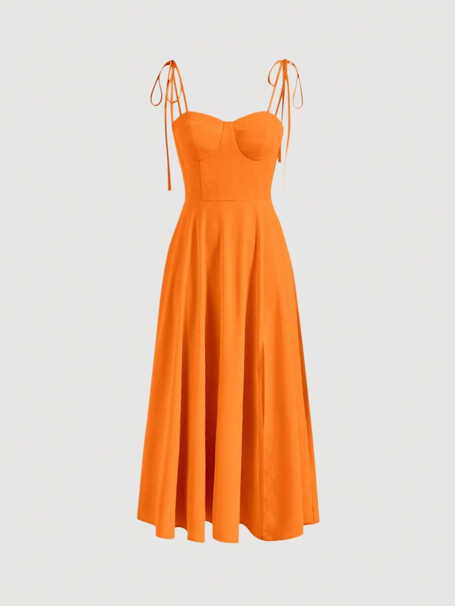 SHEIN MOD 素色肩上打結吊帶連衣裙 - 橘色 - 查看 1