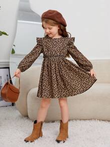 SHEIN Leap Crew Vestido casual de manga larga con cuello redondo y estampado de leopardo de pana para niña - Multicolor - Ver 9