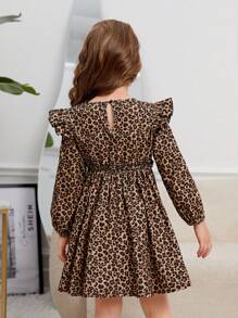 SHEIN Leap Crew Vestido casual de manga larga con cuello redondo y estampado de leopardo de pana para niña - Multicolor - Ver 3
