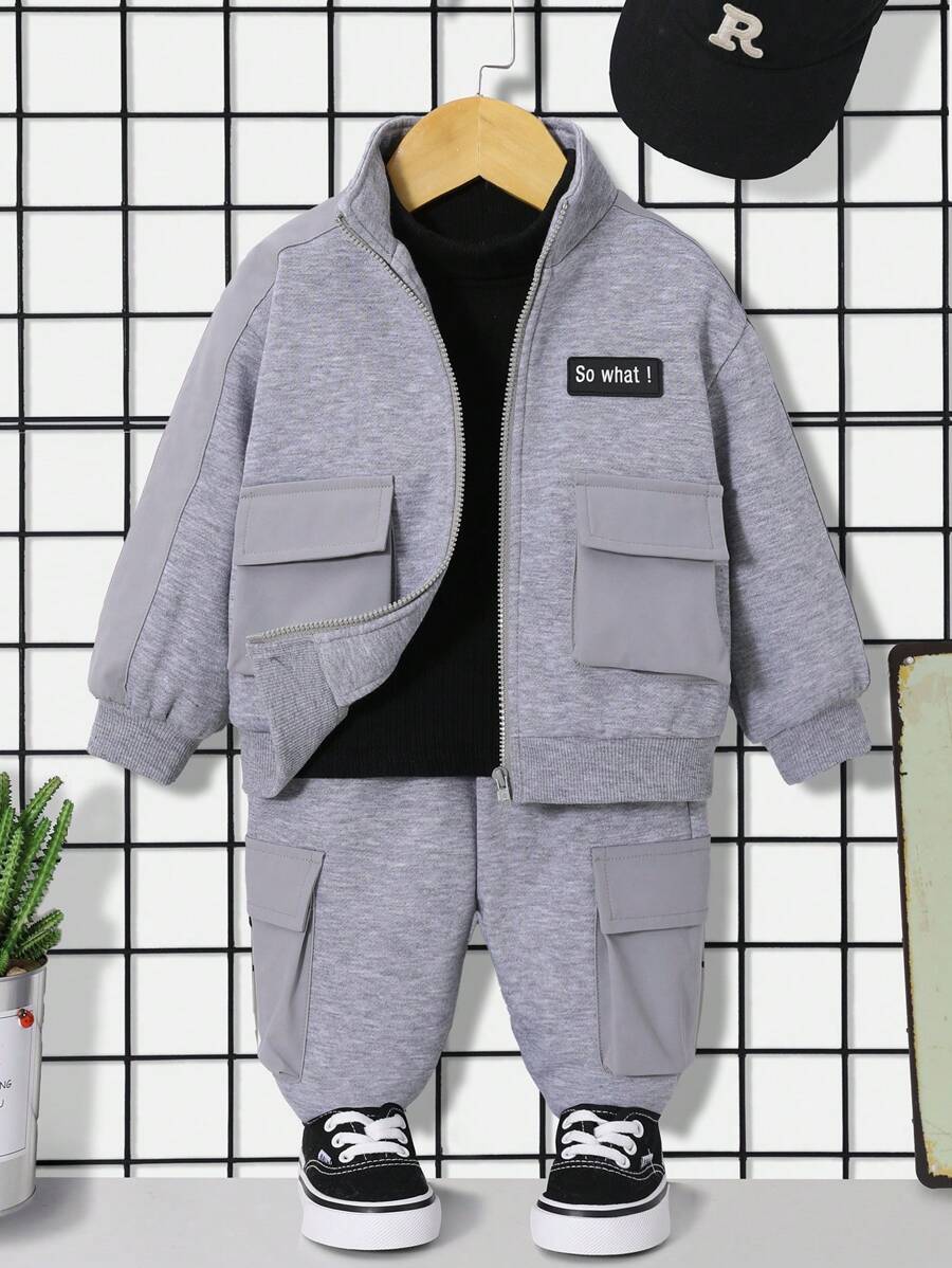 SHEIN 男嬰字母補丁細節翻蓋口袋夾克和運動褲不帶T恤 - 淺灰色 - 查看 1