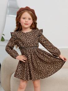 SHEIN Leap Crew Vestido casual de manga larga con cuello redondo y estampado de leopardo de pana para niña - Multicolor - Ver 5