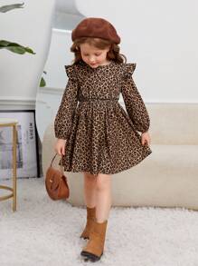 SHEIN Leap Crew Vestido casual de manga larga con cuello redondo y estampado de leopardo de pana para niña - Multicolor - Ver 6