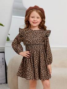 SHEIN Leap Crew Vestido casual de manga larga con cuello redondo y estampado de leopardo de pana para niña - Multicolor - Ver 7