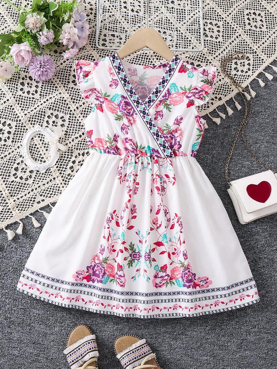 SHEIN 女小童印花荷葉邊連衣裙 - 彩色 - 查看 1