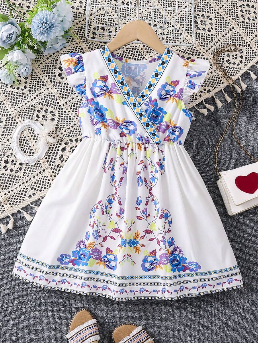 SHEIN Young Girl Floral Print Ruffle Trim Dress - White - View 1