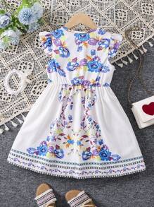 SHEIN Young Girl Floral Print Ruffle Trim Dress - White - View 2