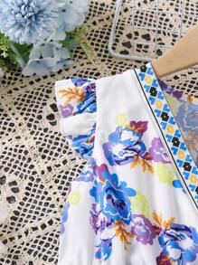 SHEIN Young Girl Floral Print Ruffle Trim Dress - White - View 5