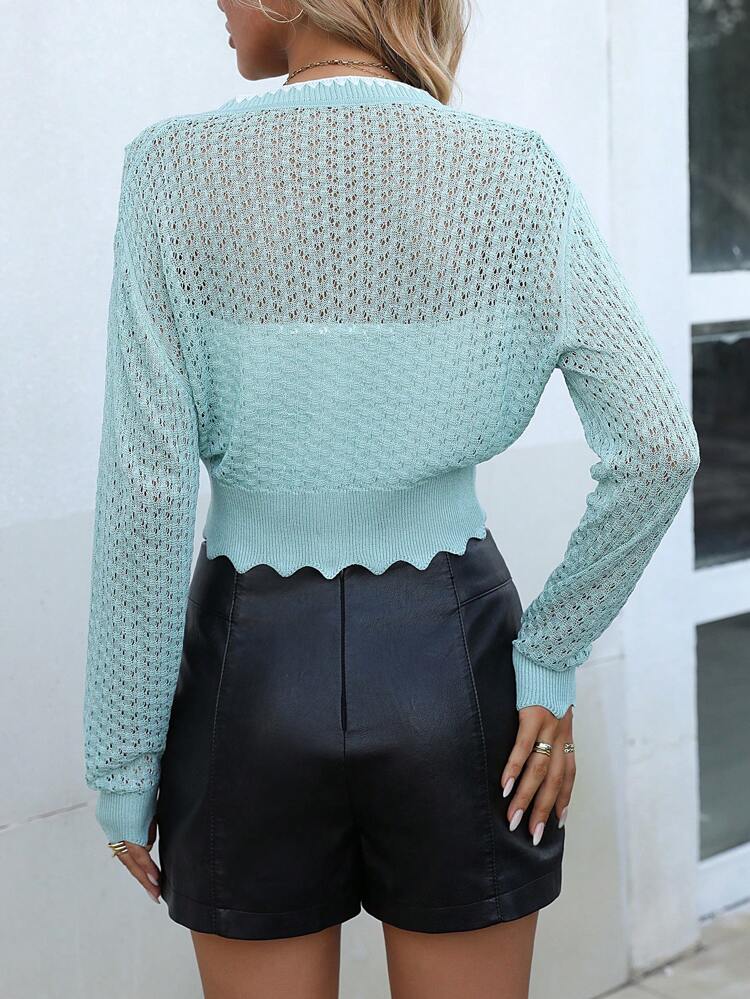 Pointelle Knit Drop Shoulder Scallop Trim Crop Cardigan