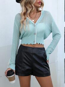 SHEIN LUNE Pointelle Knit Drop Shoulder Scallop Trim Crop Cardigan - Green - View 6