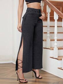 SHEIN Essnce 素色高衩牛仔褲 - 黑色 - 查看 1