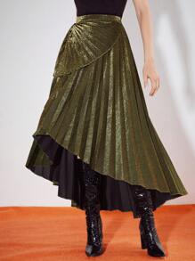 MOTF PREMIUM 金屬亮絲百褶不對稱半身裙 - 橄欖綠 - 查看 7