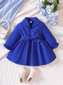 腰帶 褶皺邊純色嬰童（女）洋裝