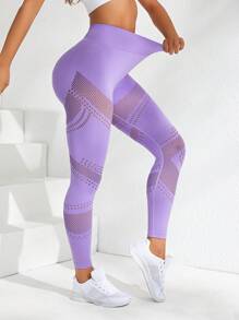 Hollow Out Tummy Control Sports Leggings - Purple - View 2