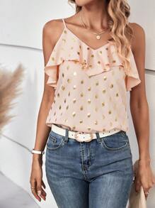 SHEIN Clasi Gold Dot Print Ruffle Trim Cami Top - Baby Pink - View 1