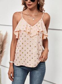 SHEIN Clasi Gold Dot Print Ruffle Trim Cami Top - Baby Pink - View 3