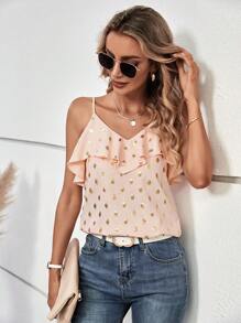 SHEIN Clasi Gold Dot Print Ruffle Trim Cami Top - Baby Pink - View 4