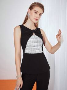 MOTF PREMIUM 二合一扭結無袖襯衫 - 黑與白 - 查看 4