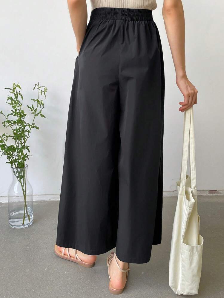 Solid Color Elastic Waist Casual Capri Pants With Pockets