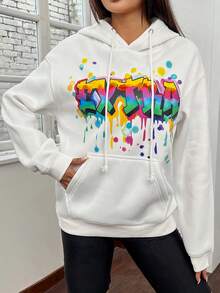 SHEIN EZwear 休閒抽繩 口袋字母女士衛衣 - 白色 - 查看 2