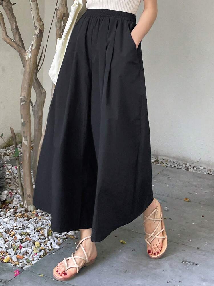 Solid Color Elastic Waist Casual Capri Pants With Pockets