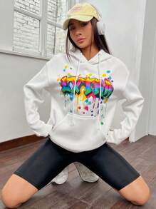 SHEIN EZwear 休閒抽繩 口袋字母女士衛衣 - 白色 - 查看 1