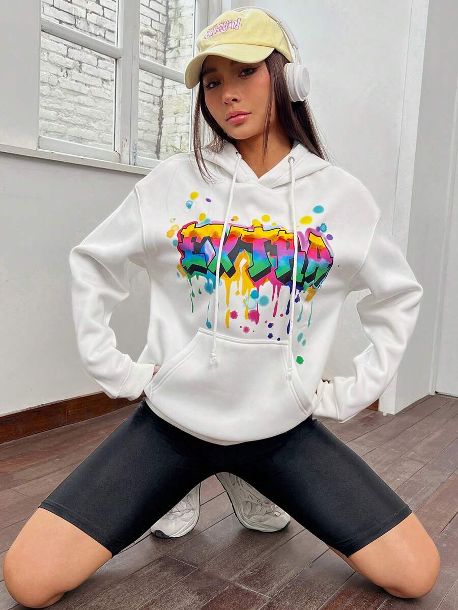 SHEIN EZwear 休閒抽繩 口袋字母女士衛衣 - 白色 - 查看 1