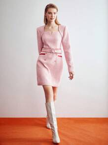 MOTF PREMIUM BELTED TWEED DRESS - Baby Pink - View 4
