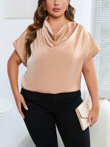 SHEIN Privé Plus Draped Collar Dolman Sleeve Blouse - Khaki - View 3