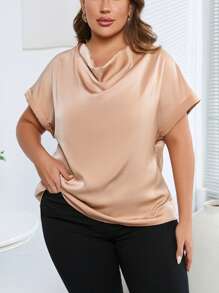 SHEIN Privé Plus Draped Collar Dolman Sleeve Blouse - Khaki - View 4