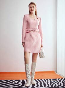 MOTF PREMIUM BELTED TWEED DRESS - Baby Pink - View 6